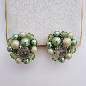 Vintage Green‎ Cluster Beaded Clip Earrings Japan